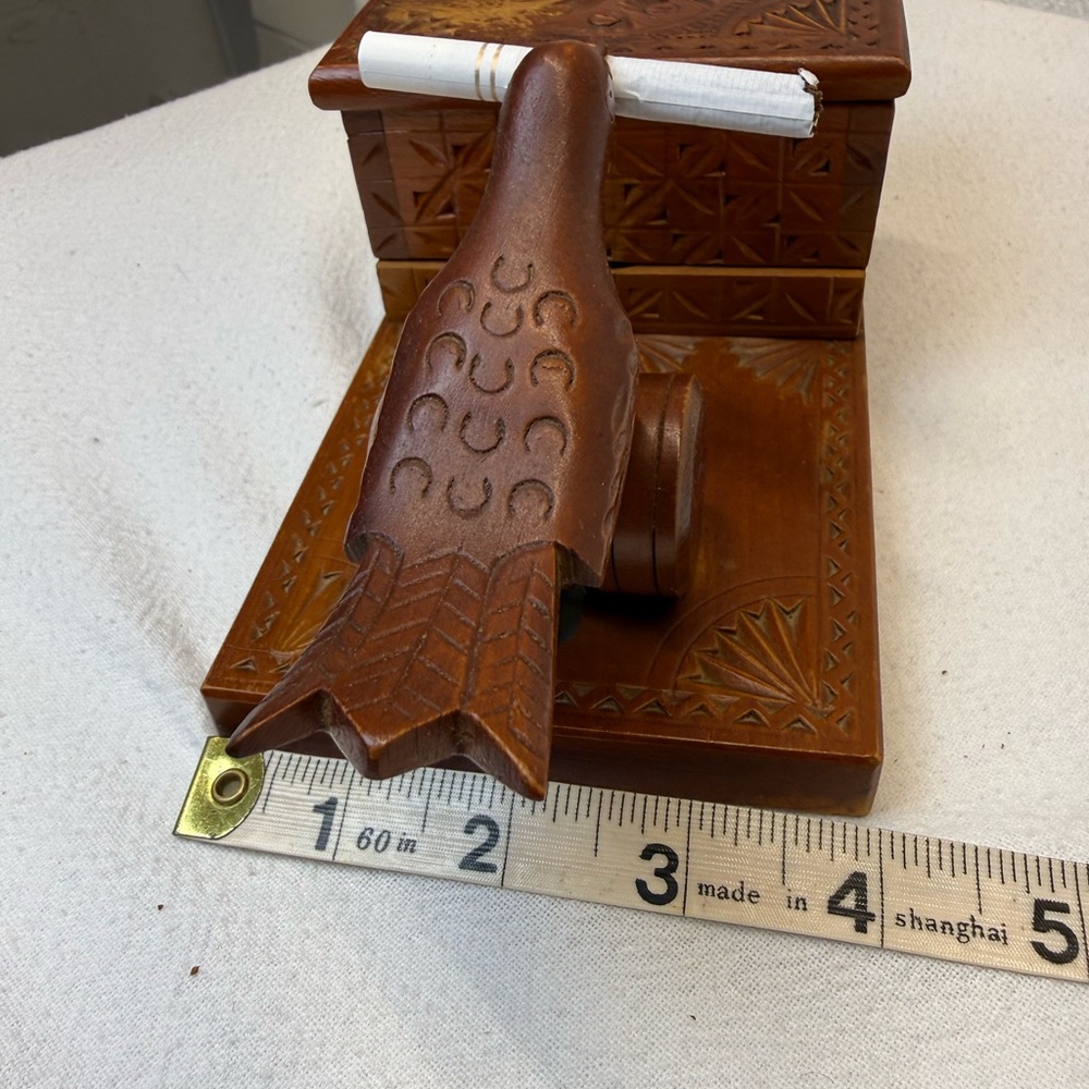 SOLD. VTG Carved Wood Cigarette Dispenser - Picture 7 of 8